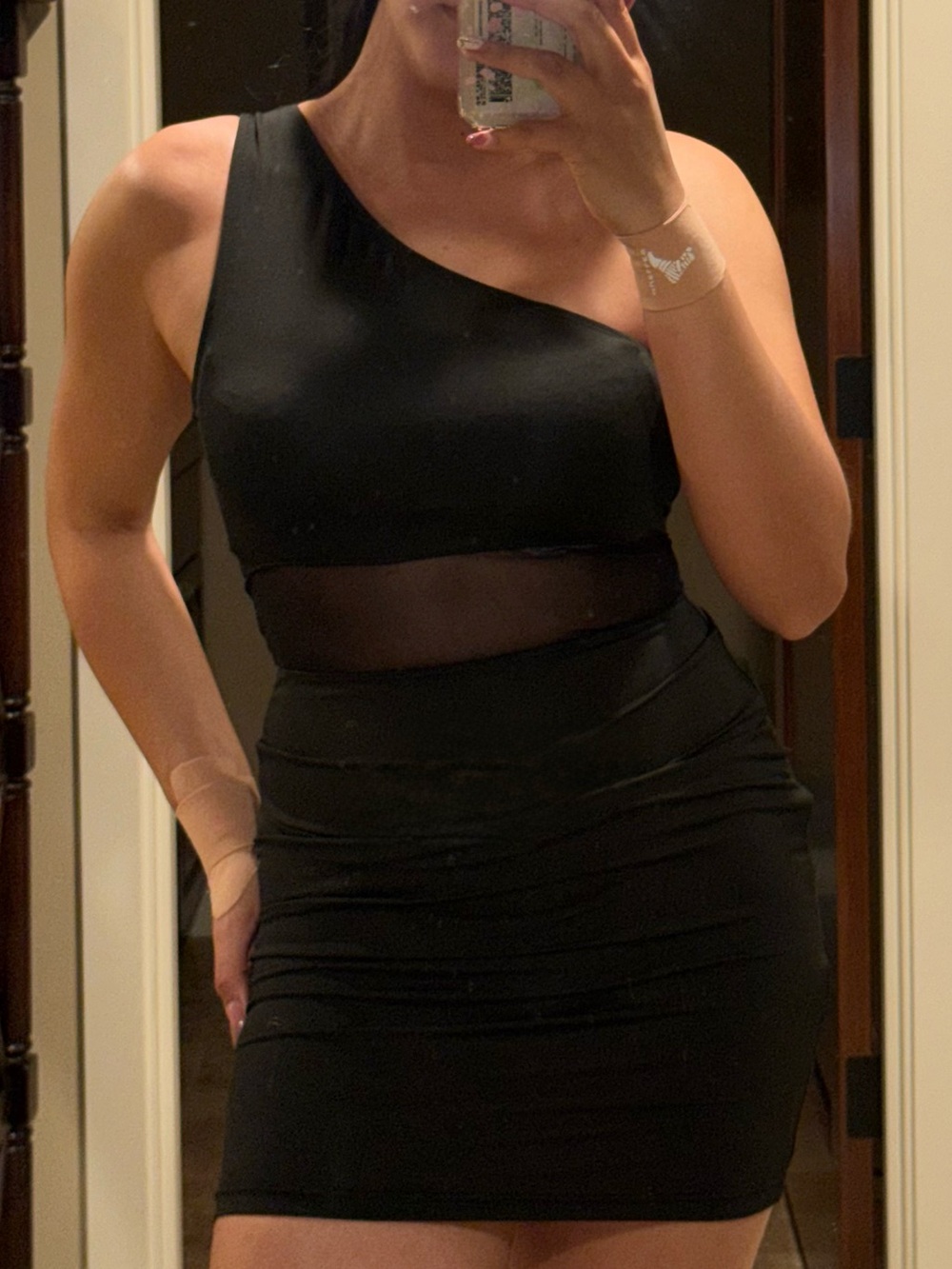 One-Shoulder Black Mesh Waist Bodycon Dress